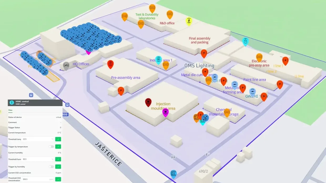 WorkSys.Space screen: a 3D site map with sensor pins on buildings and an HVAC control panel.
